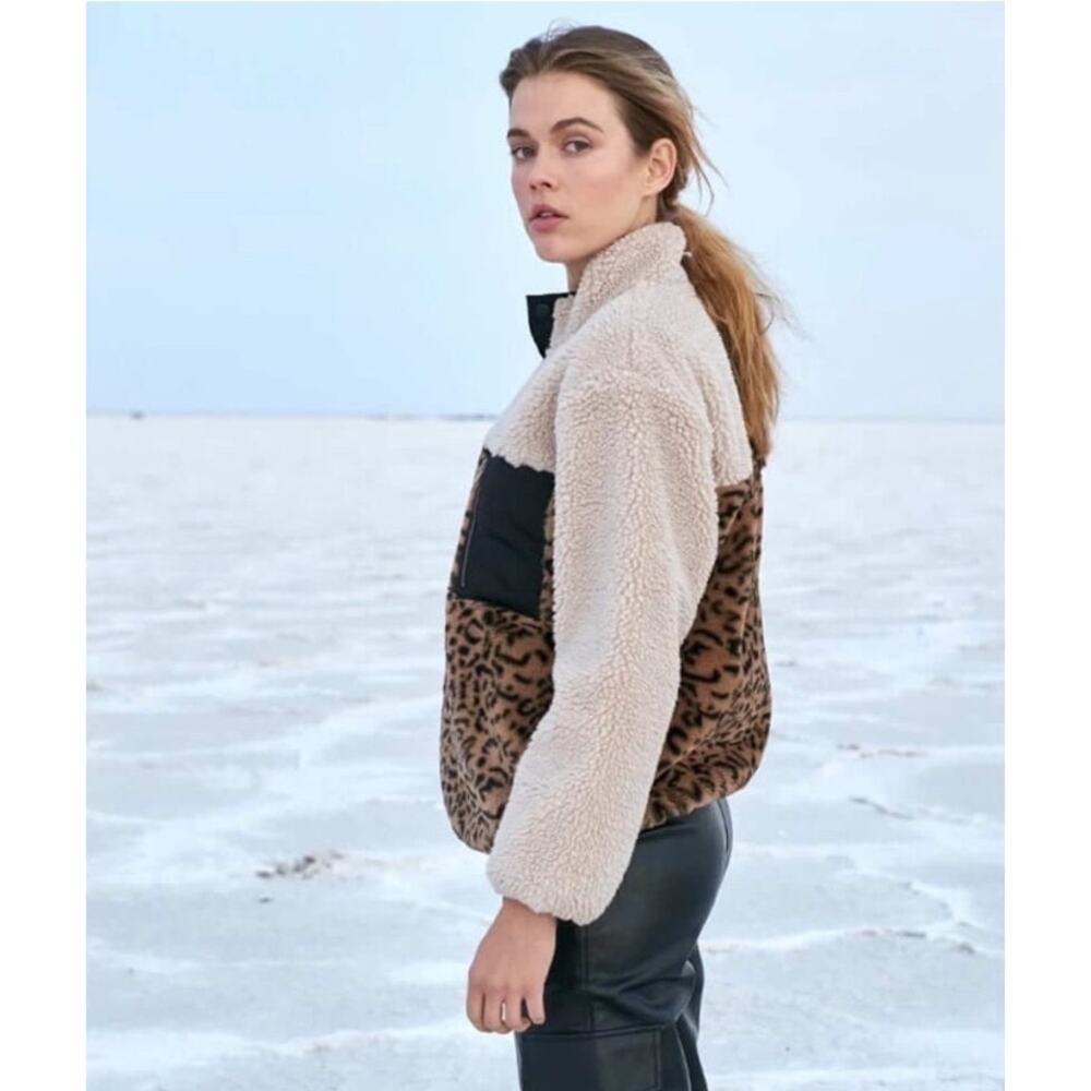 RAILS Saga Leopard Print Faux Shearling Pullover Fleece Jacket Sherpa $248 S - Picture 2 of 5
